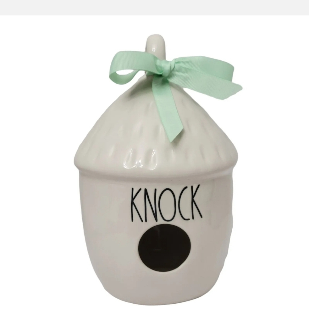 Rae Dunn Acorn Birdhouse Nest KNOCK Ivory With Mint Bow LL Magenta